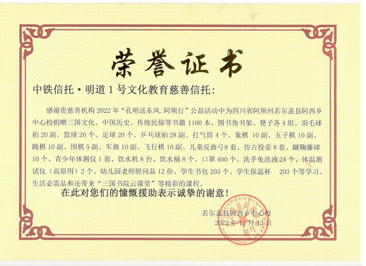 中鐵信托的公益活動獲得的證書。中鐵信托供圖