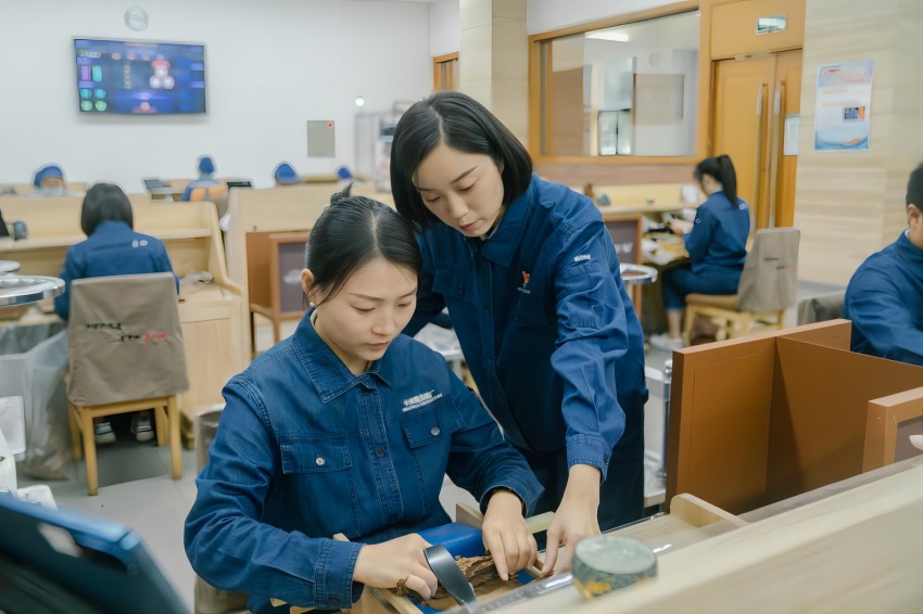 四川中煙長(zhǎng)城雪茄廠手工車間卷制大師李秋月（右）正在對(duì)團(tuán)隊(duì)成員進(jìn)行指導(dǎo)。四川中煙工業(yè)有限責(zé)任公司供圖