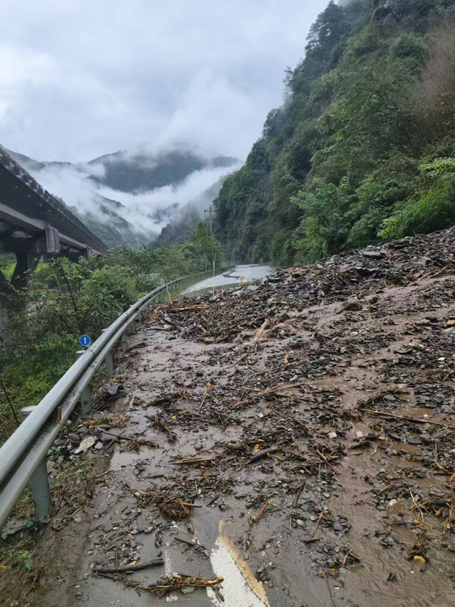 泥石流破壞的路面。臥龍特區供圖