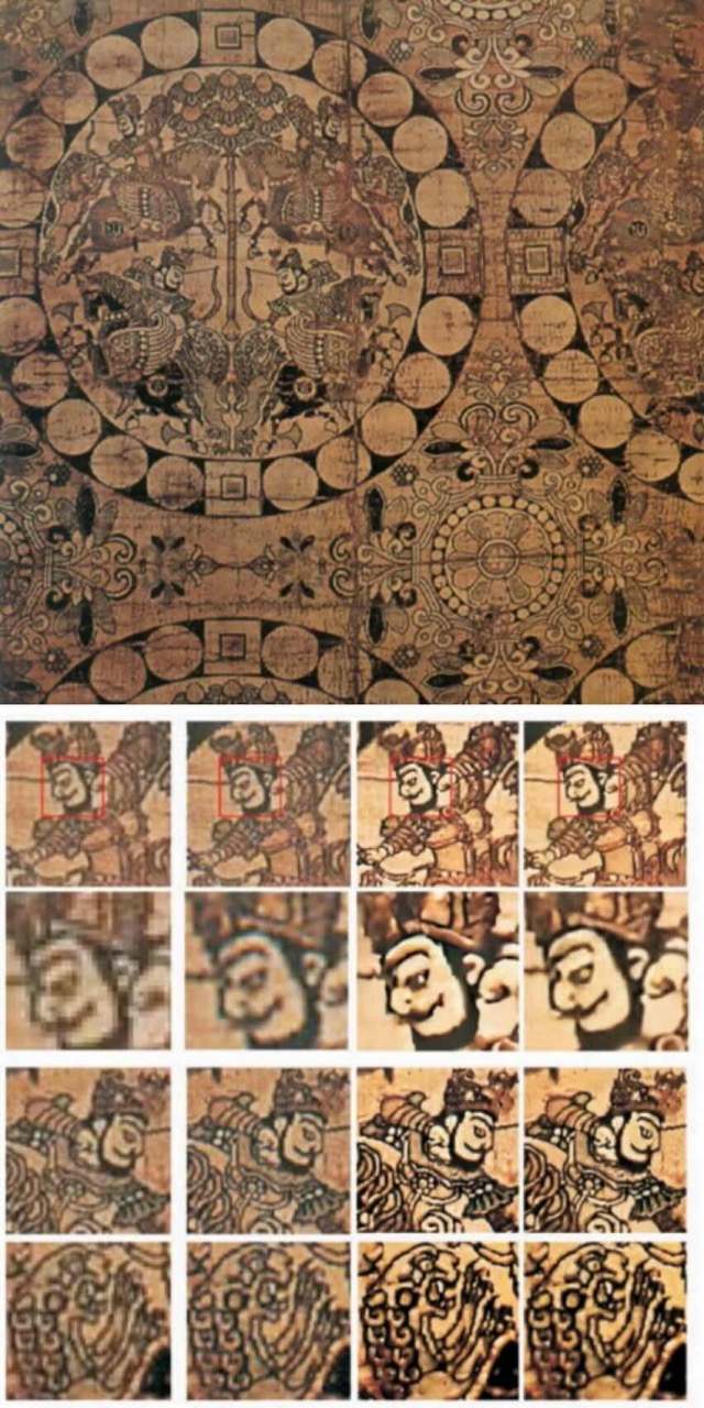 “四天王狩獅紋錦”用不同方法還原的結(jié)果。第四列為四川省絲綢科學(xué)研究院復(fù)原的結(jié)果。受訪者供圖