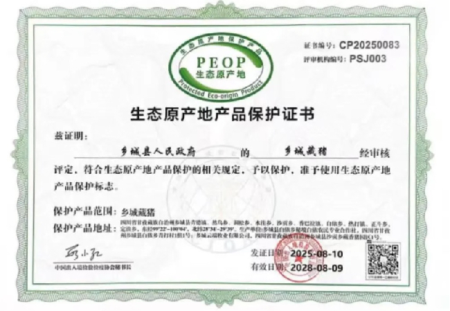 鄉城藏豬生態原產地產品保護書。鄉城縣市場監管局稿圖